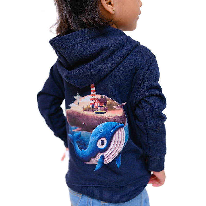 Navy Blue Fleece Hoodie - Whale Theme
