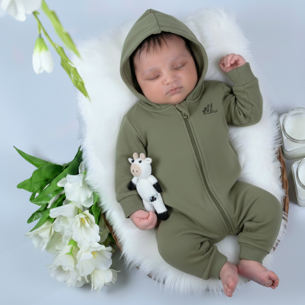 Baby Boy and Girl Olive Green Winter Hooded Romper – Warm Cotton Hooded Romper for Infant
