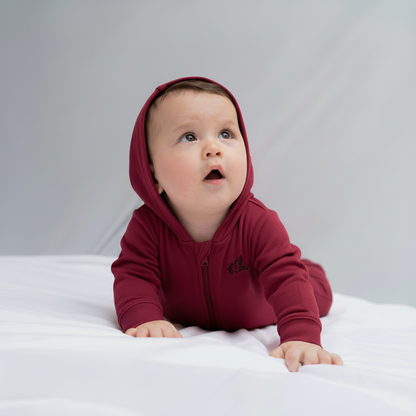 Baby Boy and Girl Winter Maroon Hooded Romper – Warm Cotton Hooded Romper for Infant