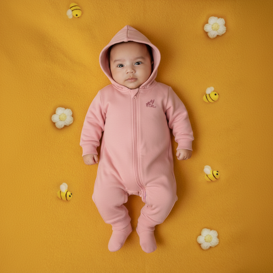 Baby Girl Winter Pink Hooded Romper – Warm Cotton Hooded Romper for Infant