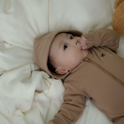 Baby Boy and Girl Winter Teddy Brown Hooded Romper – Warm Cotton Hooded Romper for Infant