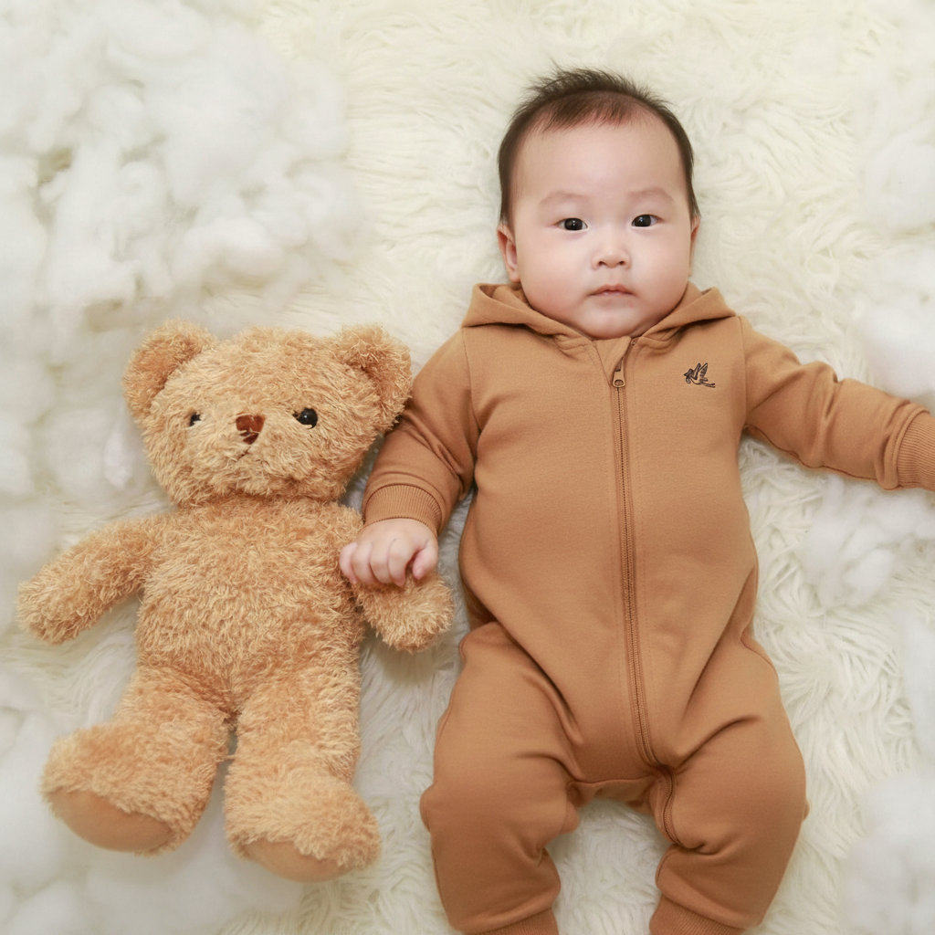 Baby Boy and Girl Winter Teddy Brown Hooded Romper – Warm Cotton Hooded Romper for Infant